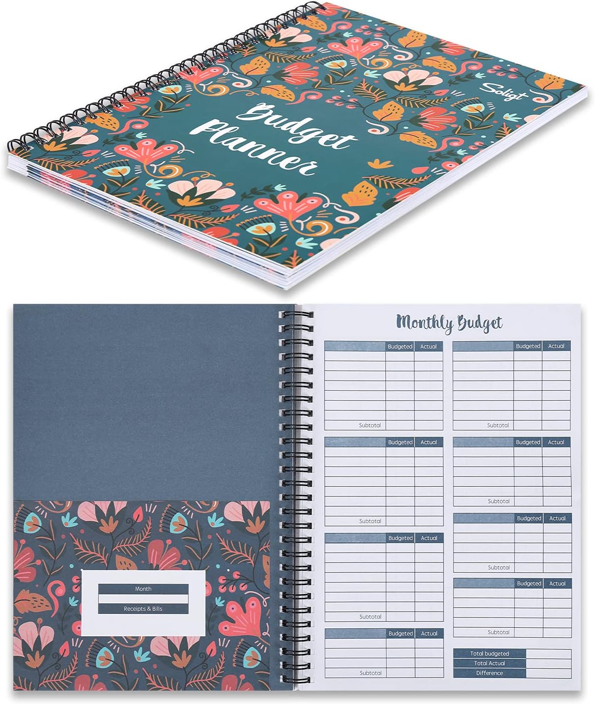 Soligt Budget Planner 2025, Monthly Budget Book Bill Organizer with 12 Pockets, Undated Home Financial Money Expense Saving Debt Tracker Notebook, 1 Year, Blue Floral, Spiral Design