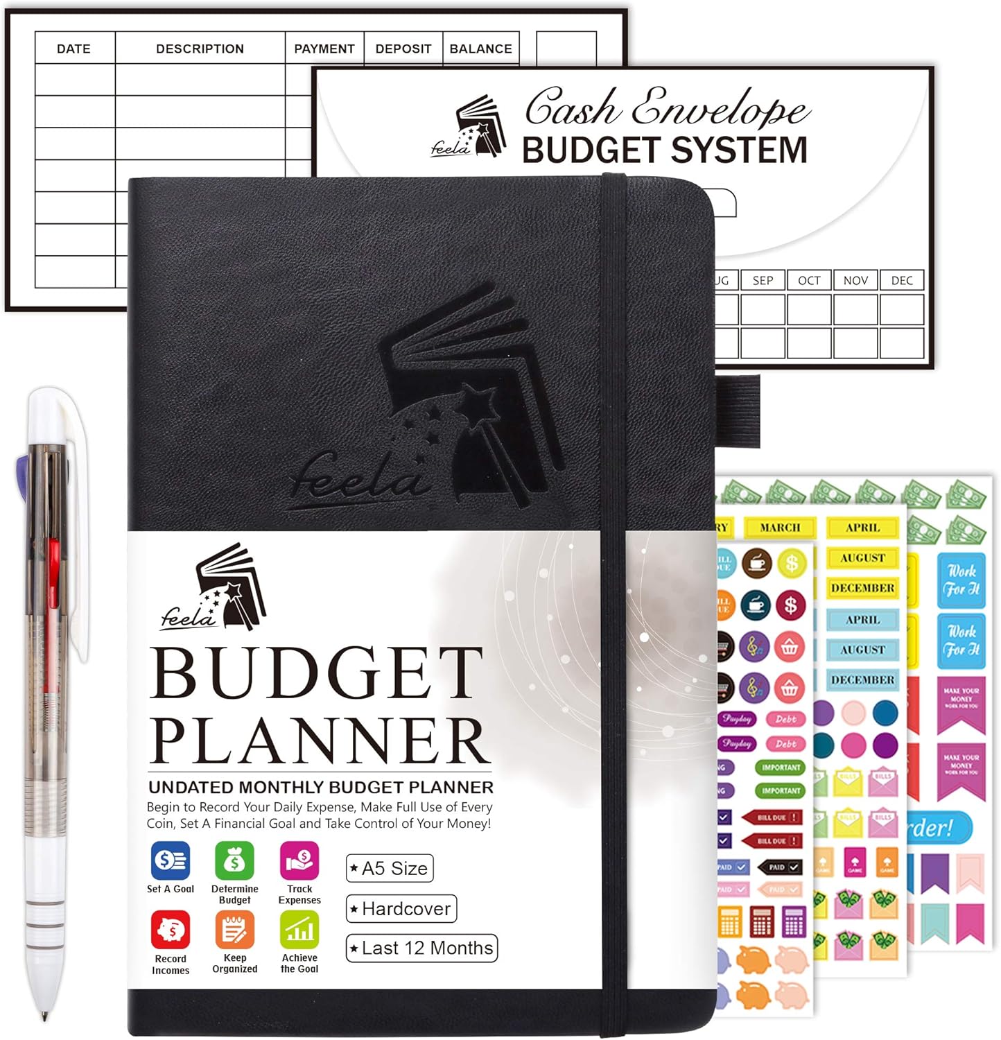 Budget Planner, 2025 Monthly Undated Bill Organizer Hardcover Financial Journal, Feela Money Expense Tracker with Budget Envelopes, Stickers, 1 Pen, User Manual, A5, Last 12 Months, Black