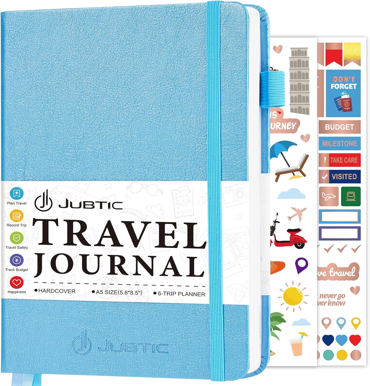 JUBTIC Travel Journal & Planner, Vacation Organizer with Budget Tracker & Checklist, A5 Size Trip Diary & Notebook for 6 Trips, Travel Gifts for Women, Men & Couples (Aquamarine)